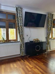 a cat sitting on a table in a room with a tv at Apartament w centrum Brzeska in Brzesko