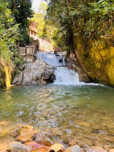 einen Fluss mit einem Wasserfall an der Seite eines Berges in der Unterkunft Refugio en el bosque in Barbosa
