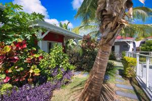 a palm tree in front of a house with flowers at Hôtel & Villa Le Cocotel in Saint-François