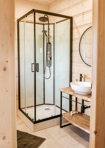 a bathroom with a shower and a sink at Chałpy Pod Ostryszem in Ciche