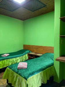 2 camas en una habitación con paredes verdes en Residencial Arcoiris en Puerto Iguazú