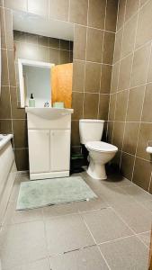 a bathroom with a toilet and a sink at Kilburn Hideaway Family and Pet-Friendly Apartment in Cosmopolitan Locale in London
