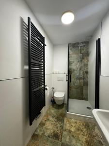 a bathroom with a toilet and a shower and a sink at Paris bei Düsseldorf in Hilden +19 photos