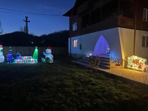 a house decorated with christmas lights in a yard at Poama villa in Negruleşti