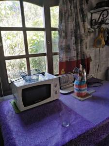 un microondas sentado en una mesa púrpura junto a una ventana en Casa de playa en Punta Rubia Calle Garzón y Rocha, en Rocha