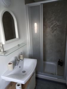 Un baño con lavabo blanco y ducha. en Lovely Rita, Studio Kaprun, en Kaprun 17 fotos más