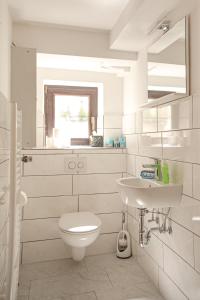 Baño blanco con aseo y lavamanos en Lakeside Apartment - Seeufer Apartment, en Allensbach