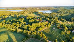 an aerial view of a park with trees and a river at Pilwa 17 - Glamping na Mazurach in Węgorzewo