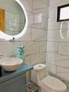 a bathroom with a sink and a toilet and a mirror at Luxury Villas Arenal in Fortuna