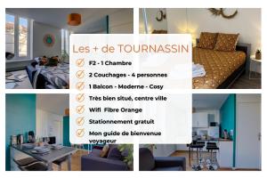 Le Tournassin-Balcon-Stationnement gratuit في بورغ أون بريس: ملصق بصور غرفة بسرير وطاولة