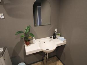 ein Badezimmer mit einem weißen Waschbecken und einem Spiegel in der Unterkunft HOTEL KUTEKUN - Vacation STAY 31431v in Naka-shibetsu