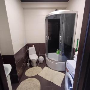 y baño con ducha, aseo y lavamanos. en Apartament, en Chişinău