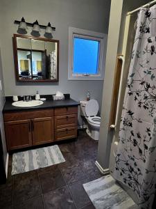 ein Badezimmer mit einem Waschbecken, einem WC und einem Spiegel in der Unterkunft Whitehorse Home on the River in Whitehorse