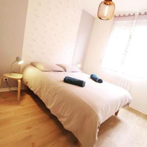 Schlafzimmer mit einem weißen Bett und einem Fenster in der Unterkunft Part-Dieu : splendide 2 pièces calme sur verdure in Lyon