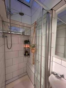 La salle de bains est pourvue d'une douche en verre et d'un lavabo. dans l'établissement Charming Fulham flat, à Londres