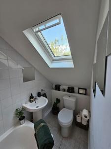 a bathroom with a toilet and a sink and a skylight at Cosy and quiet one bedroom Thames flat in London