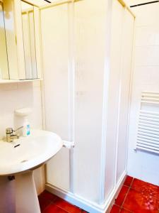 Un baño con ducha y lavabo blanco. en GranChalet sul Cimone 212, en Montecreto