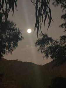 uma lua cheia no céu atrás de algumas árvores em Casa Apu Honey Moon Suite Pague duas noites minimo e a terceira e brinde menos feriados em Natividade da Serra