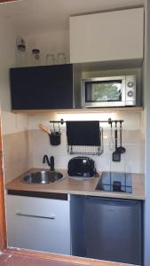 a small kitchen with a sink and a microwave at Studio Cabourg - Home-Varaville avec jardin in Varaville