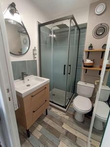 a bathroom with a shower and a toilet and a sink at Studio Cabourg - Home-Varaville avec jardin in Varaville