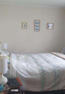 a bedroom with a bed with three pictures on the wall at Sunny Room on Thomas in Waihi