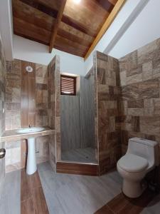 a bathroom with a toilet and a shower and a sink at casa flores in Ollantaytambo
