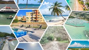 un collage de fotos de la playa y los edificios en Pearl of the East in Ceiba an entire Penthouse with Ocean View en Santa Maria