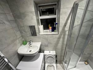 a bathroom with a shower and a sink and a toilet at 1st Studio Flat With full Private Toilet And Shower With its Own Kitchenette in Keedonwood Road Bromley A Fully Equipped Independent Studio Flat in Bromley