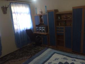 a bedroom with a bed and a window and a desk at Buynuz Village in İsmayıllı