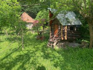 a log cabin in the grass next to a house at Buynuz Village in İsmayıllı