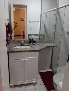 uma casa de banho com um lavatório e um chuveiro em Apto confortável, acolhedor e bem localizado em Campos dos Goytacazes