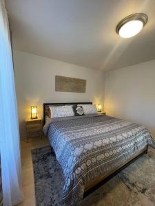 um quarto com uma cama grande e 2 candeeiros em Tranquil Waterside Oasis em Benton Harbor