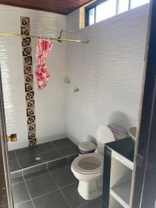 a small bathroom with a toilet and a shower at Hermosa Cabaña cerca a Villeta in Quebradanegra