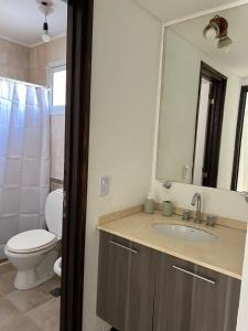 y baño con lavabo, aseo y espejo. en Duplex 3/4 pers. en hermosa zona en Guaymallén