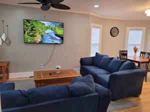 sala de estar con sofá azul y TV en Brand new house in downtown with parking, en Buffalo