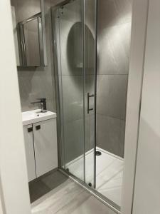 a shower with a glass door next to a sink at Beckenham- Stunning Double Bedroom With En-suite in SHARED APARTMENT in Elmers End