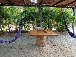 um baloiço na praia com uma corda roxa em Casa Adelita em Barra de la Cruz