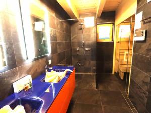 ein Badezimmer mit einer blauen Theke und einer Dusche in der Unterkunft Kaprun Lodge - XL in Kaprun