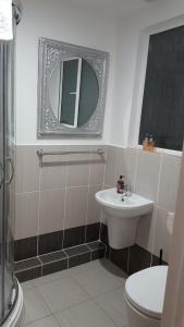 a bathroom with a sink and a toilet and a mirror at Telscombe Cliffs Bed and Breakfast in Rottingdean +12 photos
