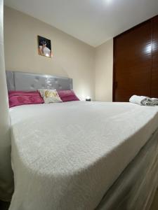 a bedroom with a large white bed with pink pillows at Seguridad y tranquilidad apartamento de 3 camas y 3 habitaciones!! in La Javilla