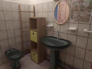 Un baño con un lavabo verde y un inodoro. en Cloison du BONHEUR, en Le Lamentin