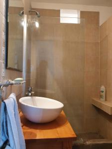 a bathroom with a white bowl sink on a wooden counter at Casa a 100 metros del mar, garaje doble in Mar del Plata