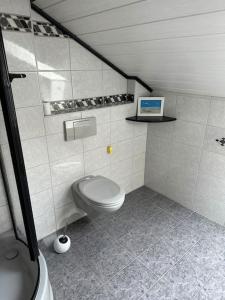 a bathroom with a toilet and a picture on the wall at Apartment Oase 2, Parkplatz, Küche, Internet in Klosterlechfeld
