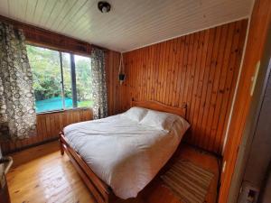 ein Schlafzimmer mit einem Bett in einem Zimmer mit einem Fenster in der Unterkunft Acogedora Cabaña en la playa in Valdivia