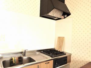 Kuchyň nebo kuchyňský kout v ubytování 修善寺フォーレスト 天然温泉が24時間楽しめキッチン電子レンジダイニングテーブル完備