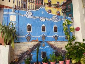 um edifício azul com vasos de plantas em frente em Solar dos Poetas em São Luís