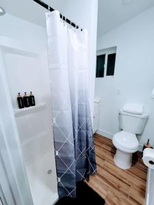 a bathroom with a toilet and a shower curtain at Phoenix Retreat - Studio with King Bed - 10 min from Airp - Unit C in Phoenix