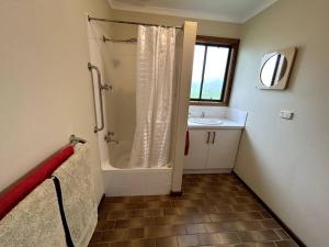 a bathroom with a shower and a sink at Grassvale Farms Retreat - Lodge in Lindenow