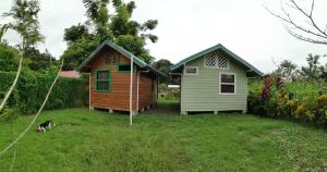 Deux petites maisons dans une cour avec un chien dans l'établissement Casitas Jacaranda, à Savegre