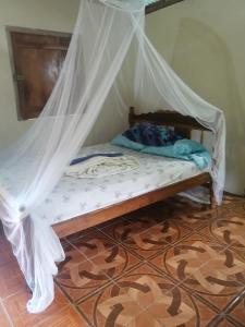 a bed with a canopy in a room at El Güis hostel in Balgue